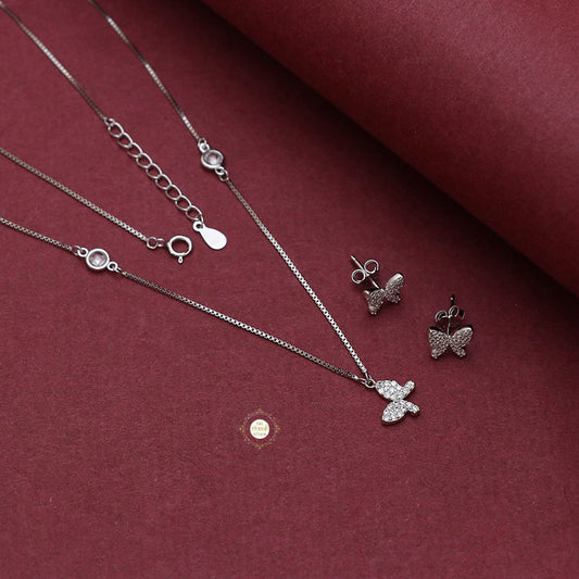 Sparkling Silver Butterfly Necklace with Earring