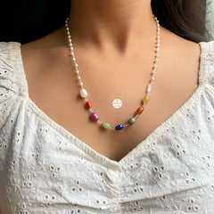 Sterling Silver Navratna Pearl Necklace