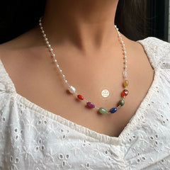 Sterling Silver Navratna Pearl Necklace