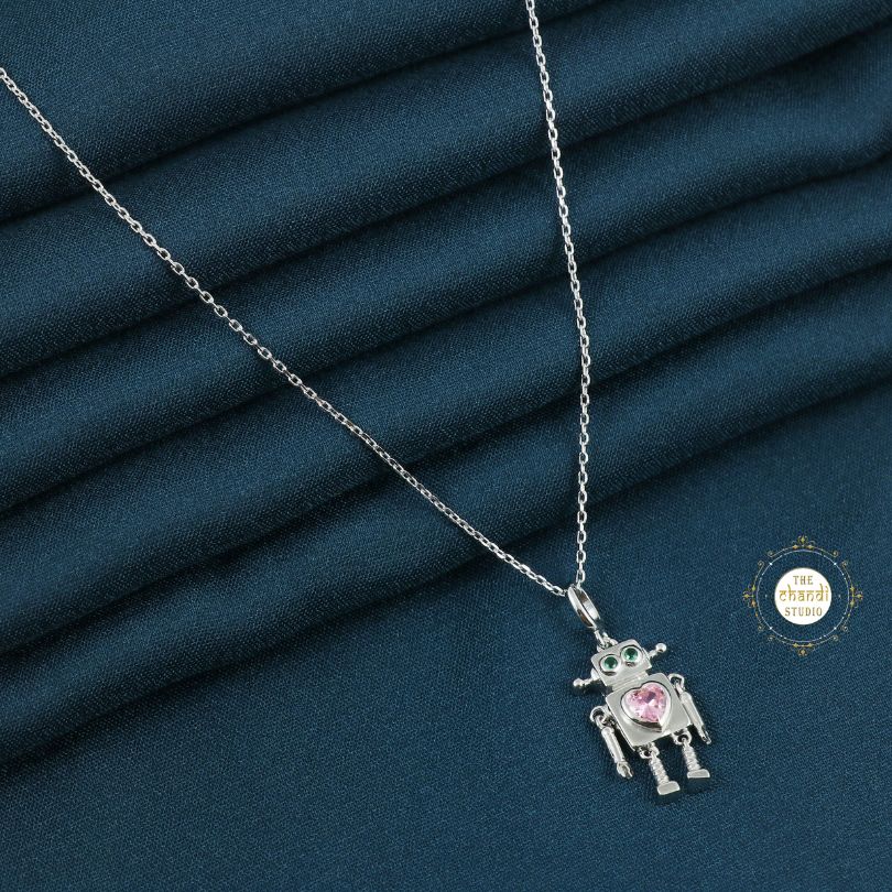 Sparkling Silver Robo Heart Necklace