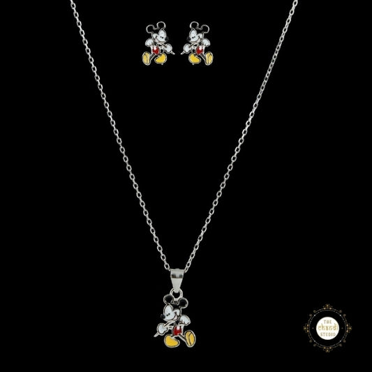 Sparkling Silver Mickey Mouse Necklace Set