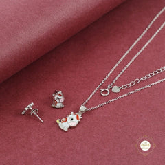 Sparkling Silver Cute Unicorn Necklace Set