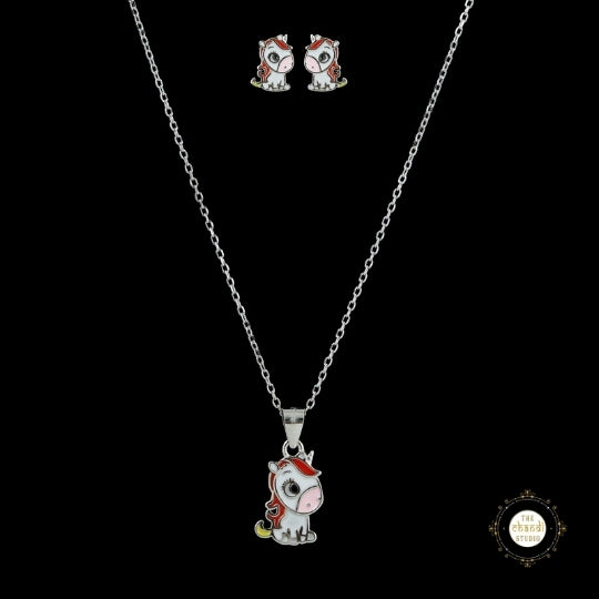 Sparkling Silver Cute Unicorn Necklace Set