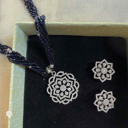 Sterling Silver Sparkling Floral Royal Rosette Necklace with Earring