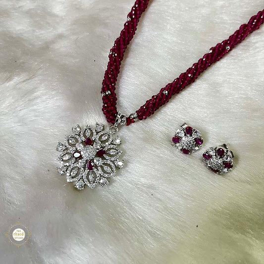 Sterling Silver Sparkling Ruby Blossom Necklace with Earring