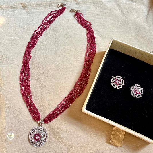 Sterling Silver Sparkling Mystic Ruby Blossom Necklace with Earring