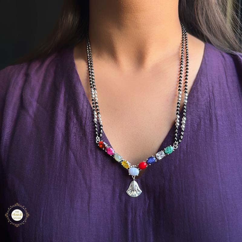 925 Sterling Silver Navratna Drop Mangalsutra