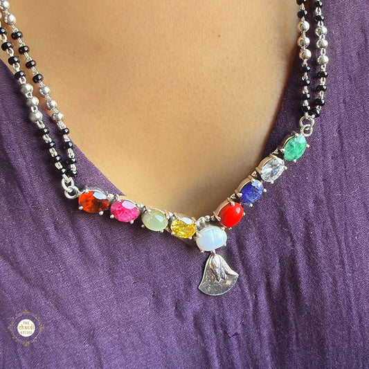 925 Sterling Silver Navratna Drop Mangalsutra