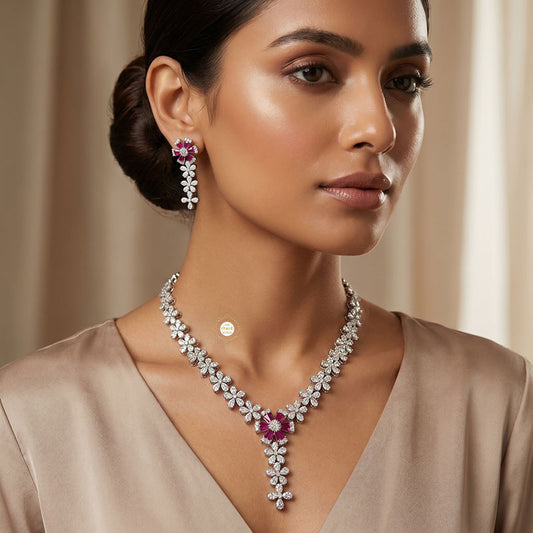 Sparkling Silver Rose Dew Necklace Set