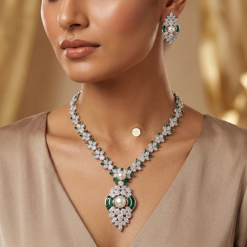Buy Sparkling Silver Mint Radiance Necklace Set For Women