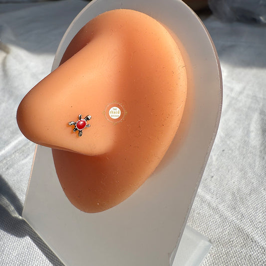 Sparkling Silver  Tortoise Nose Pin (Wired) Red