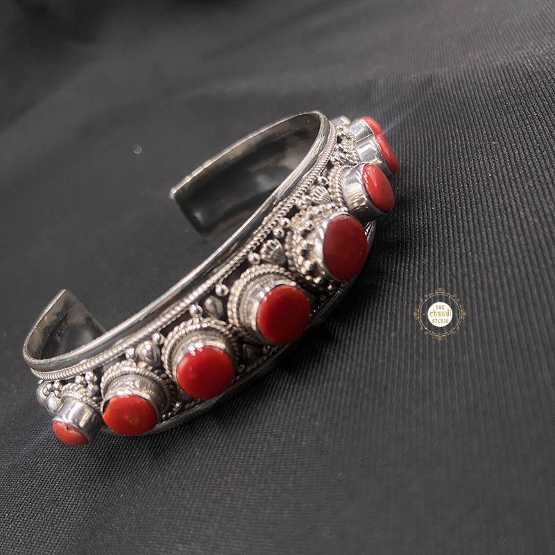 Sterling Silver Bracelet with Coral and Turquoise Gemstones | Exotic India  Art