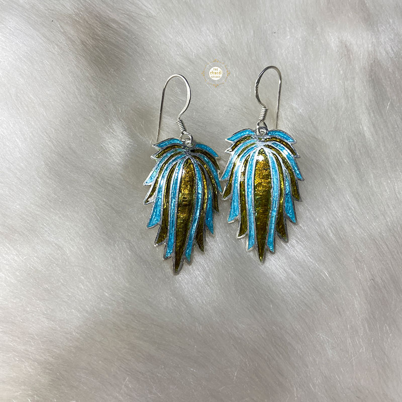 Native American Coral and Turquoise Silver Feather and Leaf Hook Dangle  Earrings AX125965